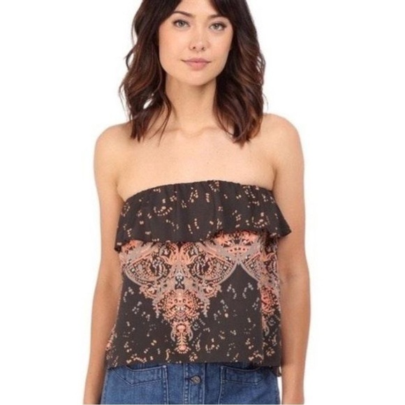 Free People Cropped Boho Flounce Ruffle Strapless Tube Top XS Black Coral Grey - Picture 3 of 14